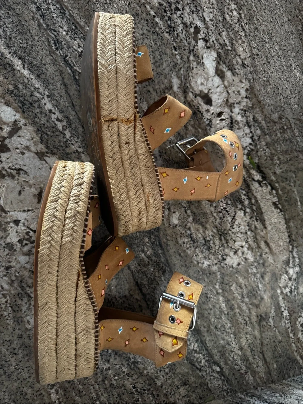 rag & bone Tan Suede Embroidered Platform Espadrilles